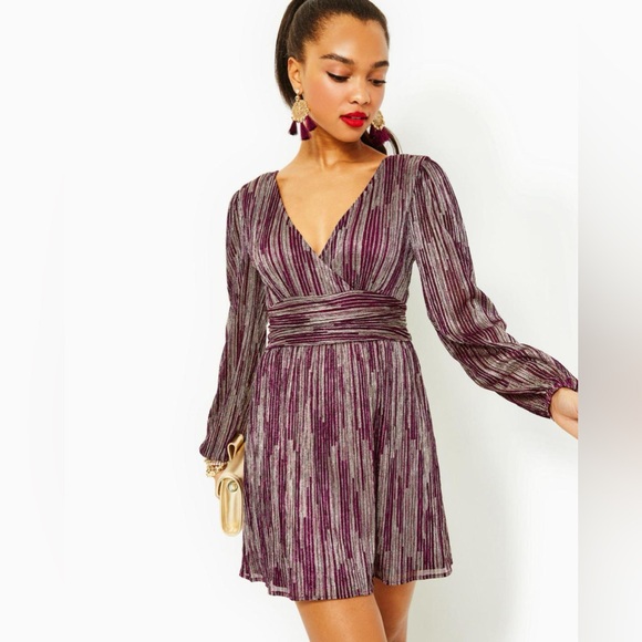 NWT Lilly Pulitzer RIZA LONG SLEEVE ROMPER MULBERRY GOLD METALLIC ROPE STRIPE - Picture 2 of 3